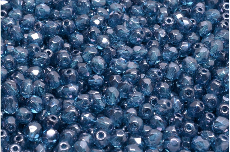 ファセット加工ラウンドファイアポリッシュビーズ、クリスタルラスターブルーフルコーティング（00030-14464）、ガラス、チェコ共和国