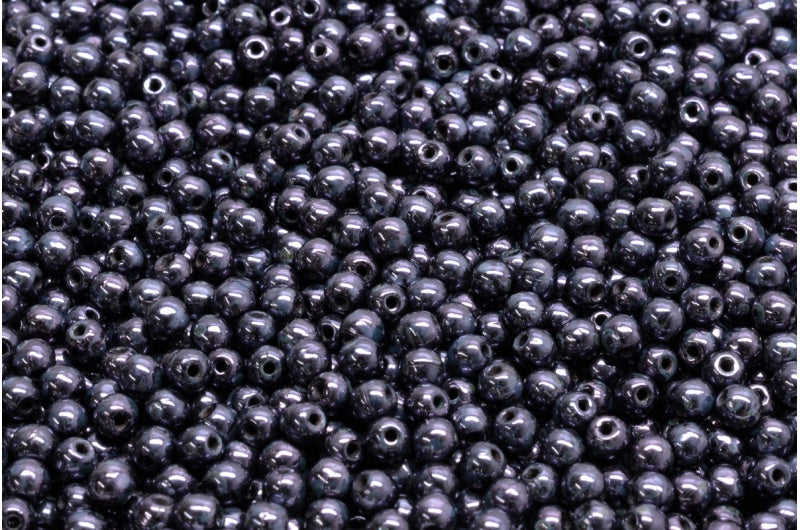 Round Druck Beads, Black Stain With Luster Blue (23980-65431), Glass, Czech Republic