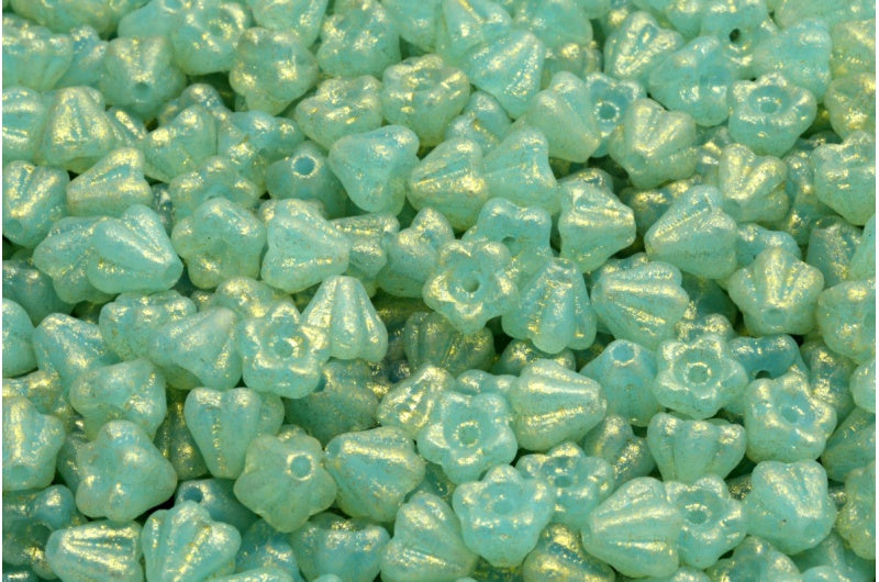 Bell Flower Beads, Opal Aqua Etched 56902 (61400-ETCH-56902)，玻璃，捷克共和国