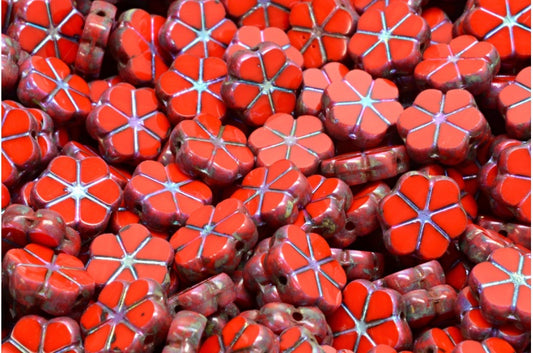 Table Cut Garland Flower Beads, Red Travertin Ab Full (2X Side) (93180-86800-28703), Glass, Czech Republic