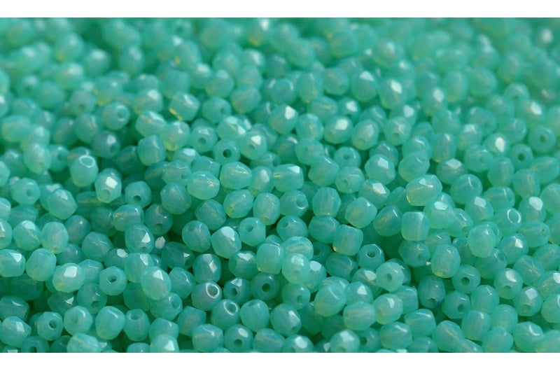 Faceted Round Fire Polished Beads, Opal Aqua (61100), Glass, Czech Republic