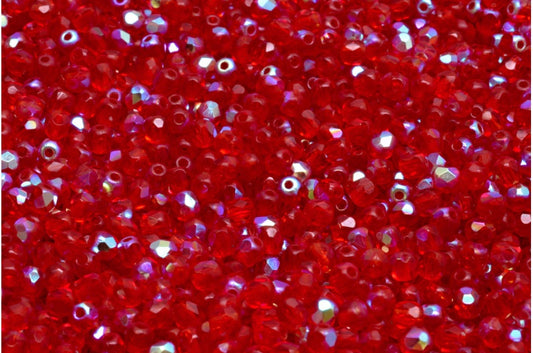 Faceted Round Fire Polished Beads, Ruby Red Ab (90080-28701), Glass, Czech Republic