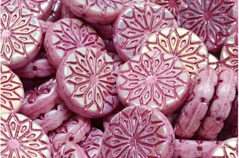 アウトレット 10グラム 折り紙フラワービーズ、ホワイトアブフル（2Xサイド）ピンクライン（02010-28703-54321）、ガラス、チェコ共和国