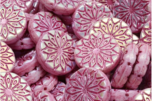 アウトレット 10グラム 折り紙フラワービーズ、ホワイトアブフル（2Xサイド）ピンクライン（02010-28703-54321）、ガラス、チェコ共和国