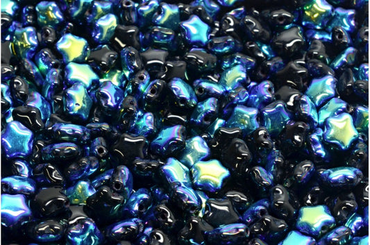 Flat Star Beads, Black Ab (23980-28701), Glass, Czech Republic
