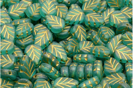 Mint Leaf Beads, Transparent Aqua Matte Gold Lined (60210-84100-54302), Glass, Czech Republic