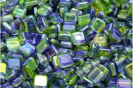 2-Holes Pressed Tile Beads, Crystal Glossy Purple Green (00030-48106), Glass, Czech Republic