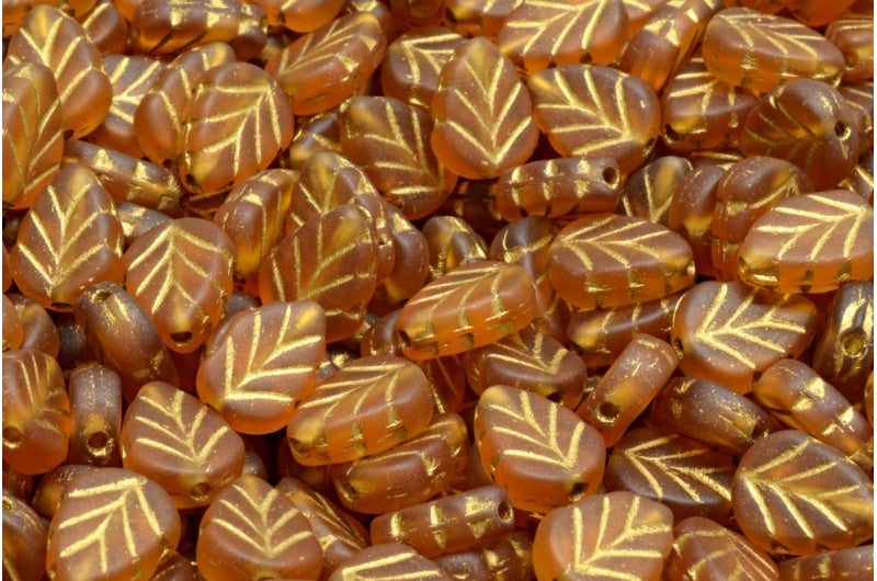 Mint Leaf Beads, Topaz Matte Gold Lined (10070-84100-54302), Glass, Czech Republic