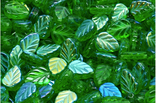 Mint Leaf Beads, Emerald Green Ab (50120-28701), Glass, Czech Republic