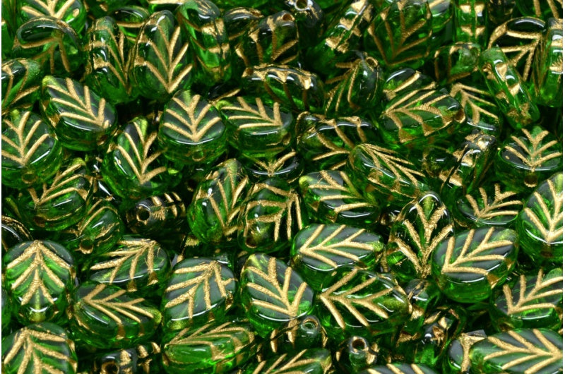 Mint Leaf Beads, Emerald Green Gold Lined (50120-54302), Glass, Czech Republic