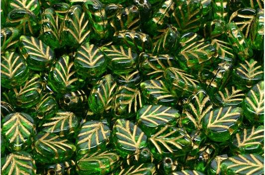 OUTLET 10 grams Mint Leaf Beads, 10 x 8 mm, Emerald Green Gold Lined (50120-54302), Glass, Czech Republic