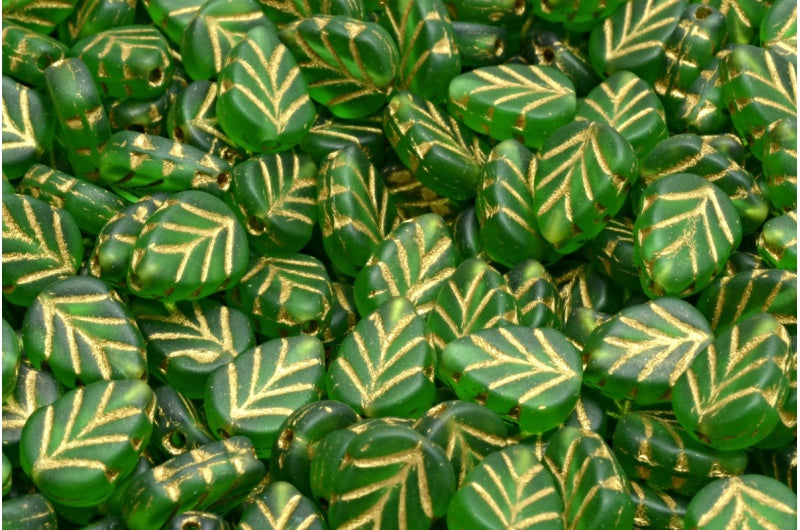 OUTLET 10 grams Mint Leaf Beads, 10 x 8 mm, Emerald Green Matte Gold Lined (50120-84100-54302), Glass, Czech Republic
