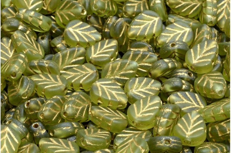 Mint Leaf Beads, Transparent Green Matte Gold Lined (50230-84100-54302), Glass, Czech Republic