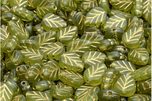 Mint Leaf Beads, Transparent Green Matte Gold Lined (50230-84100-54302), Glass, Czech Republic