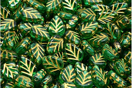 OUTLET 10 grams Mint Leaf Beads, 10 x 8 mm, Transparent Green Emerald Gold Lined (50720-54302), Glass, Czech Republic