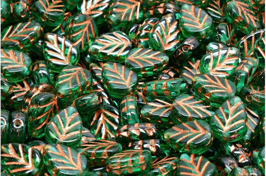 Mint Leaf Beads, Transparent Green Emerald Copper Lined (50720-54319), Glass, Czech Republic