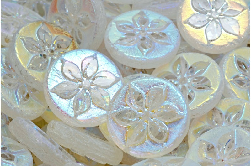 OUTLET 10 grams Table Cut Coin Flower Beads, 18 x 18 mm, Crystal Ab Full (2X Side) (00030-28703), Glass, Czech Republic