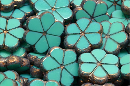 Table Cut Garland Flower Beads, Turquoise Bronze (63130-14415), Glass, Czech Republic