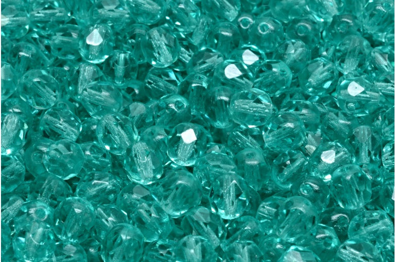 OUTLET 250g Round Faceted Fire Polished Beads, Transparent Aqua P (60110-P), Glass, Czech Republic
