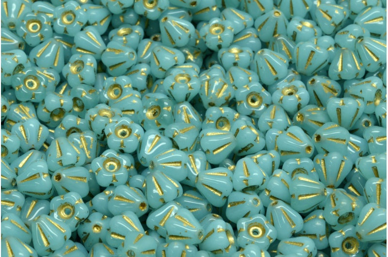 OUTLET 10 grams Bell Flower Beads, 4 x 6 mm, Opal Aqua Gold Lined (61400-54302), Glass, Czech Republic