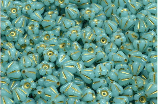 OUTLET 10 grams Bell Flower Beads, 4 x 6 mm, Opal Aqua Gold Lined (61400-54302), Glass, Czech Republic