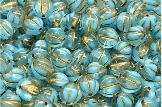 OUTLET 10 grams Melon Beads, 8 x 8 mm, Blue Gold Lined (R0641-54302), Glass, Czech Republic