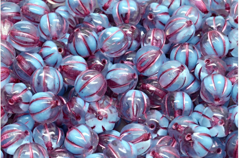 OUTLET 10 grams Melon Beads, Blue Pink Lined (R0641-54321), Glass, Czech Republic