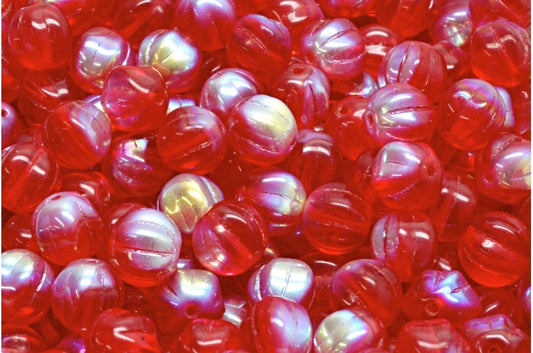 Melon Beads, Ruby Red Ab (90080-28701), Glass, Czech Republic