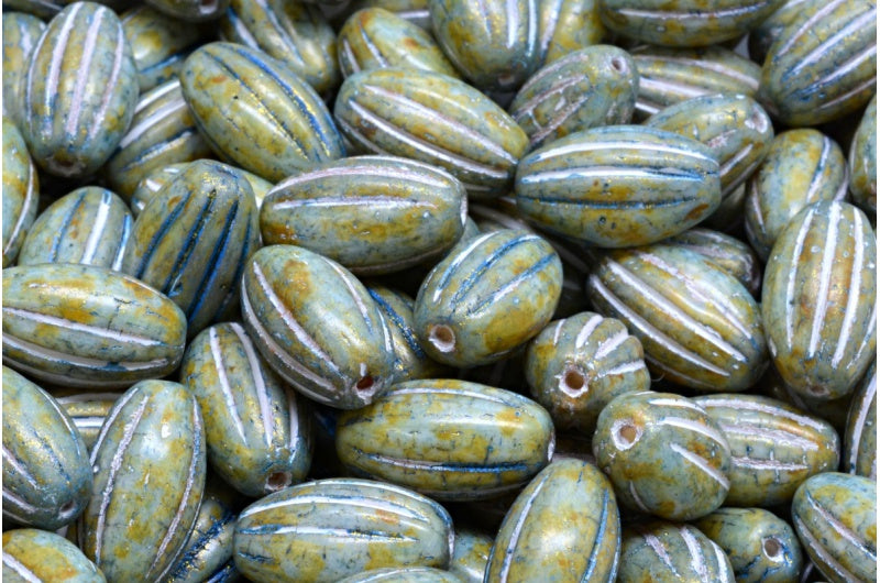 Olive Melon Beads, White Brown Luster Spotted White Lined (02010-65326-54312), Glass, Czech Republic