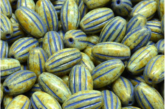 Olive Melon Beads, White Brown Luster Spotted Blue Lined (02010-65326-54325), Glass, Czech Republic