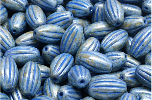 Olive Melon Beads, White Green Luster Spotted Blue Lined (02010-65325-54309), Glass, Czech Republic