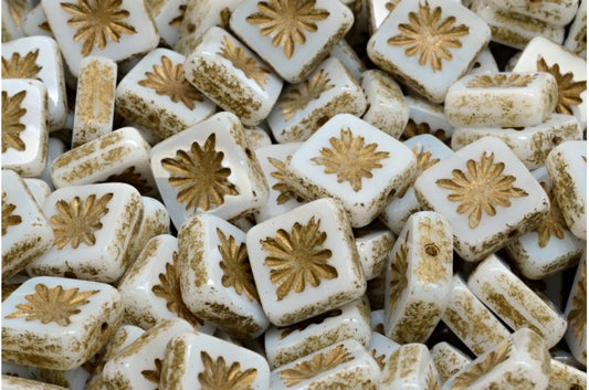 Table Cut Square Kiwi Beads, Chalk White Dirty Gold (03000-04302), Glass, Czech Republic