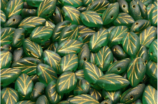Buchenblattperlen, transparent grüner Smaragd, mattgolden gefüttert (50720-84100-54302), Glas, Tschechische Republik