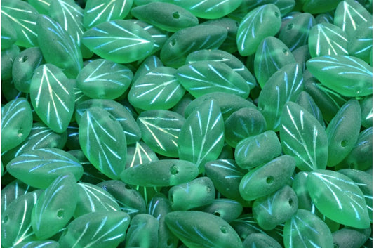 Beech Leaf Beads, Transparent Green Emerald Ab Full (2X Side) Matte (50720-28703-84100), Glass, Czech Republic