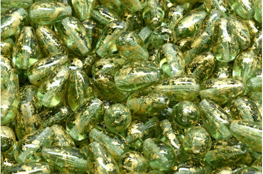 Drop Beads, Transparent Green Gold Splash (50560-94401), Glass, Czech Republic