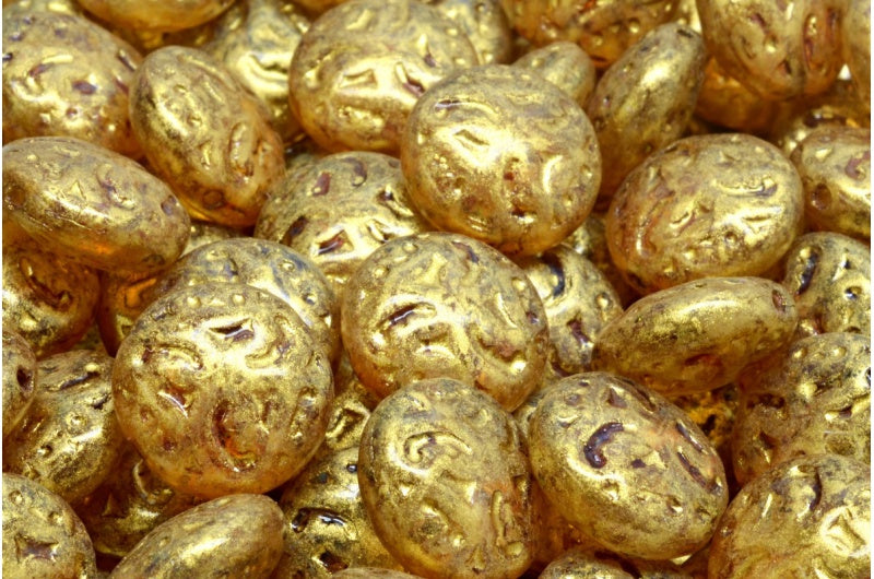 レンズ豆ビーズ（装飾付き）、クリスタルゴールドラスター（斑点入り）（00030-65322）、ガラス、チェコ共和国