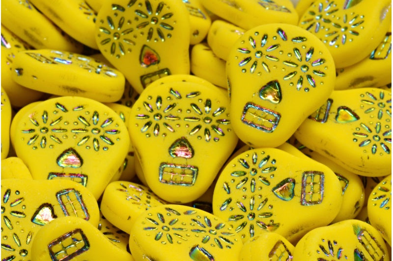 Sugar Skull Beads, Yellow 28103 Matte (83120-28103-84100), Glass, Czech Republic