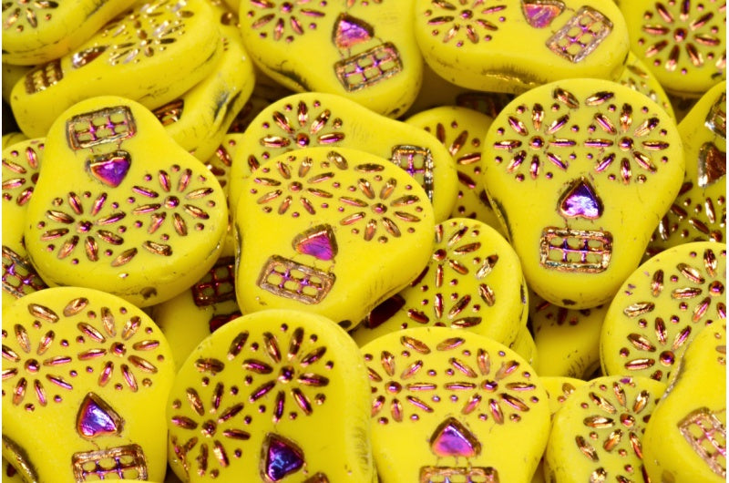 Sugar Skull Beads, Yellow Sliperit Full (2X Side) Matte (83120-29503-84100), Glass, Czech Republic