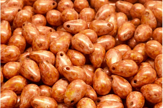 Drop Beads, White Copper Luster Spotted (02010-65324), Glass, Czech Republic