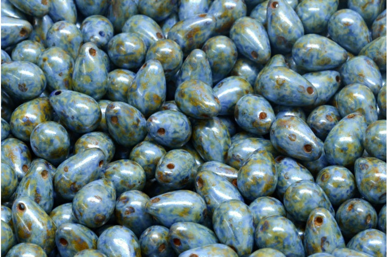 Drop Beads, White Green Luster Spotted (02010-65325), Glass, Czech Republic