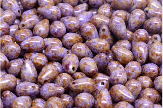 Drop Beads, White Travertin Puprple (02010-65328), Glass, Czech Republic