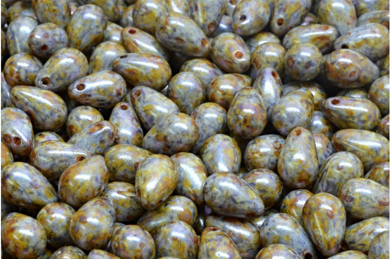 Drop Beads, White Purple Brown Luster Spotted (02010-65329), Glass, Czech Republic
