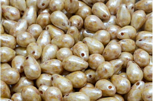 Drop Beads, White Cream Luster Spotted (02010-65321), Glass, Czech Republic