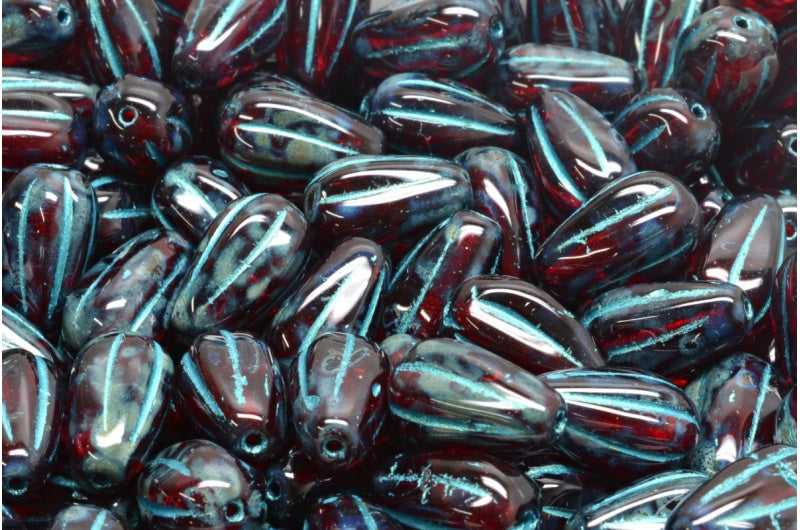 ドロップメロンビーズ、ルビーレッドトラバーチンライトブルーライン（90080-86800-43811）、ガラス、チェコ共和国