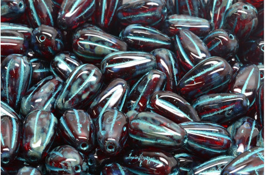 ドロップメロンビーズ、ルビーレッドトラバーチンライトブルーライン（90080-86800-43811）、ガラス、チェコ共和国