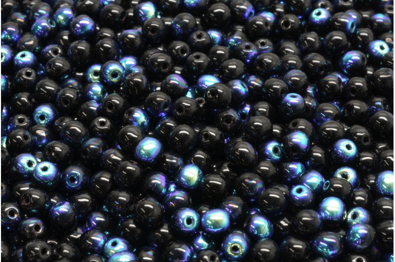 Round Druck Beads, Black Ab (23980-28701), Glass, Czech Republic