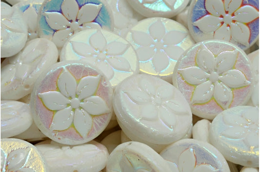 OUTLET 10 grams Table Cut Coin Flower Beads, 18 x 18 mm, White Opal Ab Full (2X Side) (02020-28703), Glass, Czech Republic