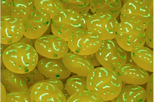 Lentil Beads with Ornaments, Transparent Yellow Matte 43813 (80020-84100-43813), Glass, Czech Republic