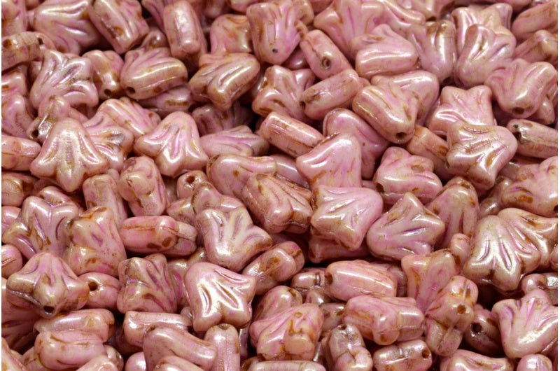 OUTLET 10 grams Lily Flower Beads, 9 x 9 mm, White Pink Beige Luster Spotted (02010-65323), Glass, Czech Republic