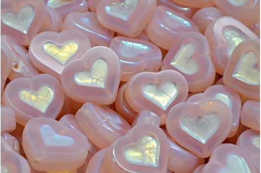 Table Cut Heart Beads, Opal Pink Ab Full (2X Side) (71111-28703), Glass, Czech Republic